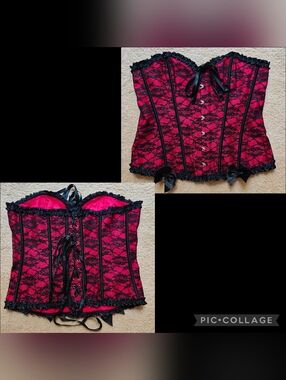 Y2K Plus Size Lace Overlay Overbust Corset Top w Boning, Ruffles, Bows & Lace Up